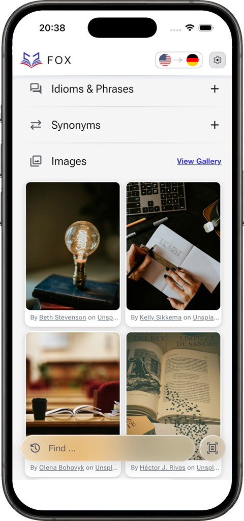 Idioms, synonyms and an image gallery for a word