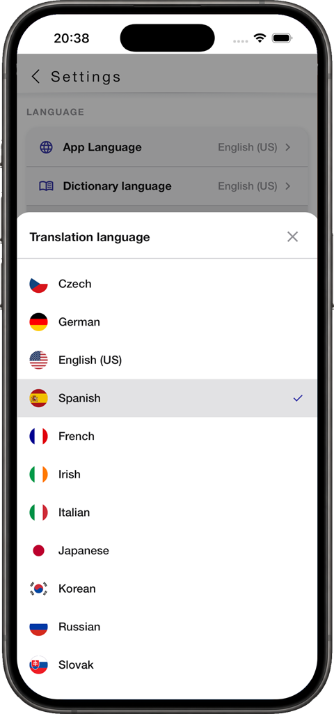 Choosing a translation language in settings