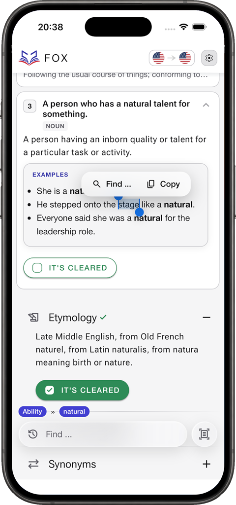 Selecting a word in an example to look it up, with etymology below