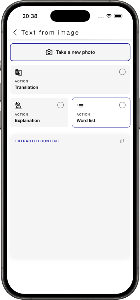 Text from image: translate, explain or build a word list from a photo