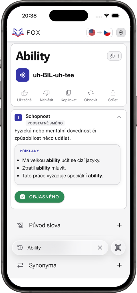 Výklad slova s výslovností, příklady a tlačítkem Objasněno