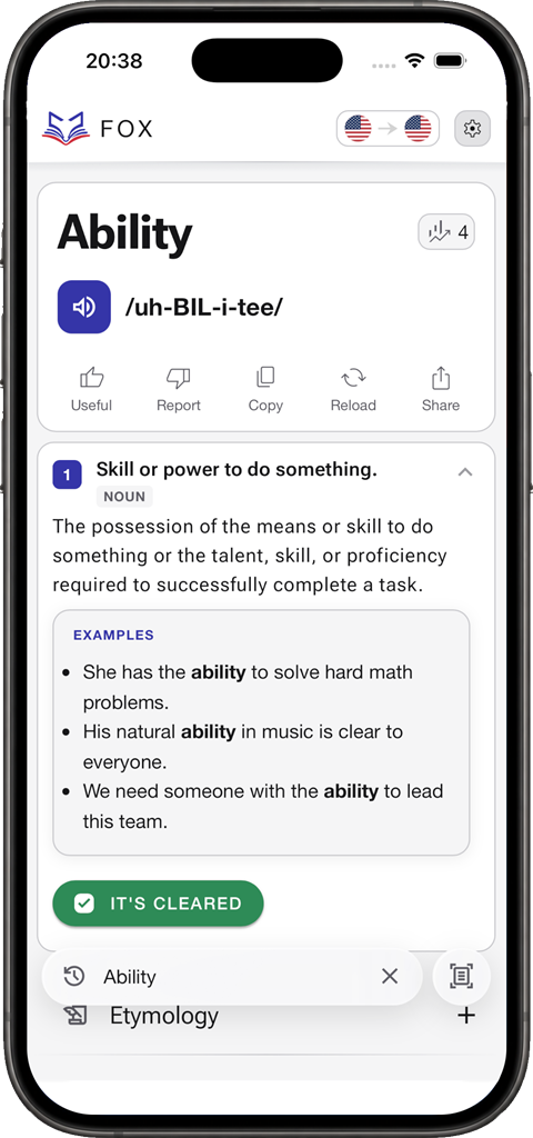 Word definition with pronunciation, examples and the It's cleared button