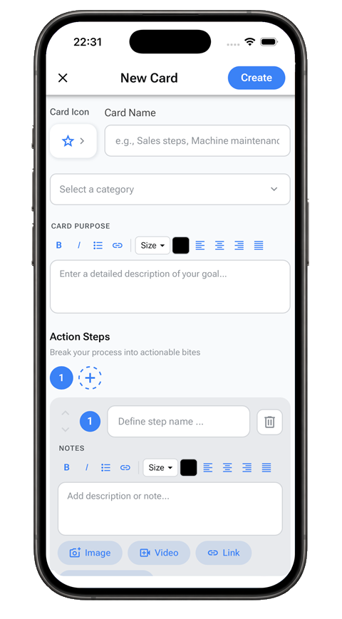 Creating a new card with an icon, category, purpose and action steps