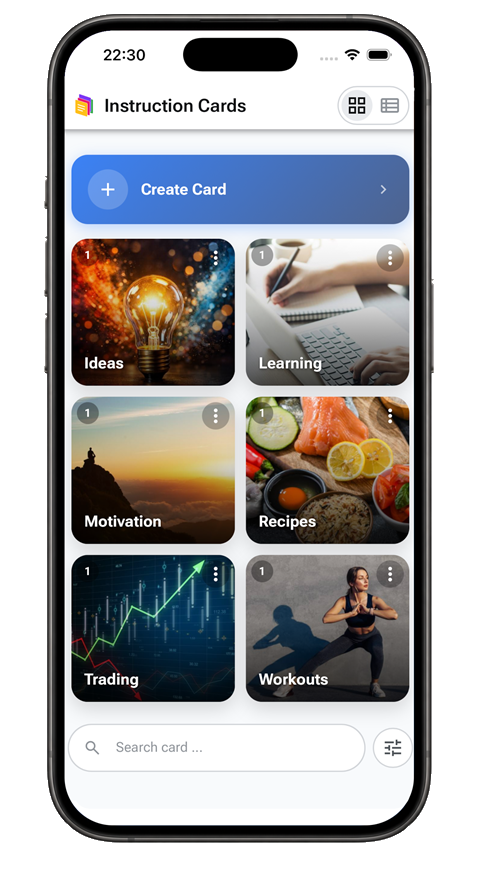Instruction Cards home screen with a grid of cards: Ideas, Learning, Motivation, Recipes, Trading, Workouts