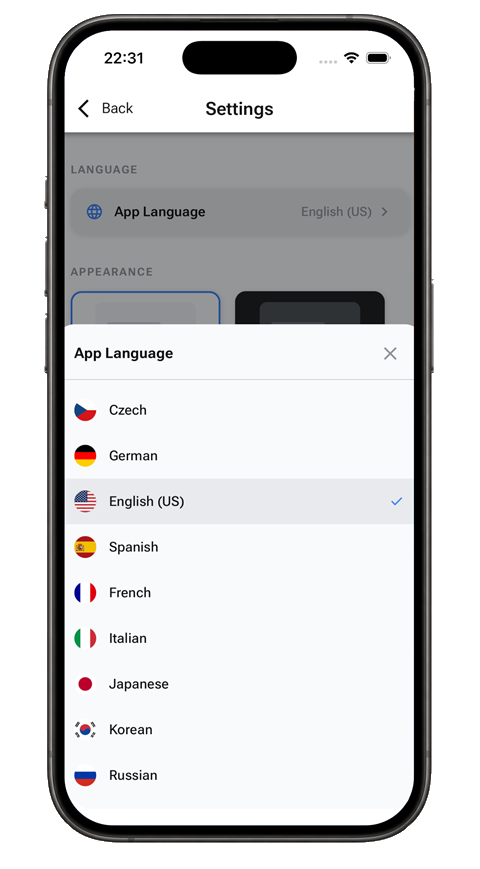 Choosing the app language