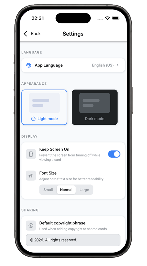 Settings with language, light and dark mode, keep screen on and font size